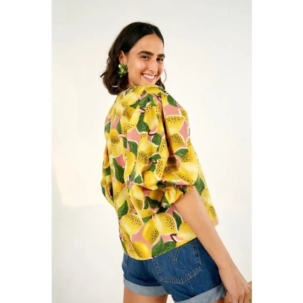 Farm Rio Top Lemons Puff Sleeve Short Shirt XS 0 2 Button Cotton Boxy Blouse Top